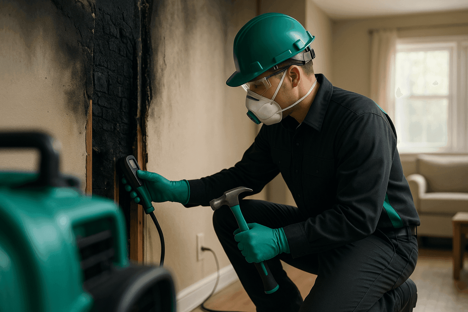 Fire damage restoration worker in PPE inspecting tools near partially restored residential wall