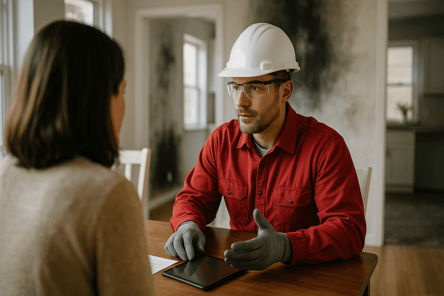 Restoration professional consulting with a homeowner about fire damage services