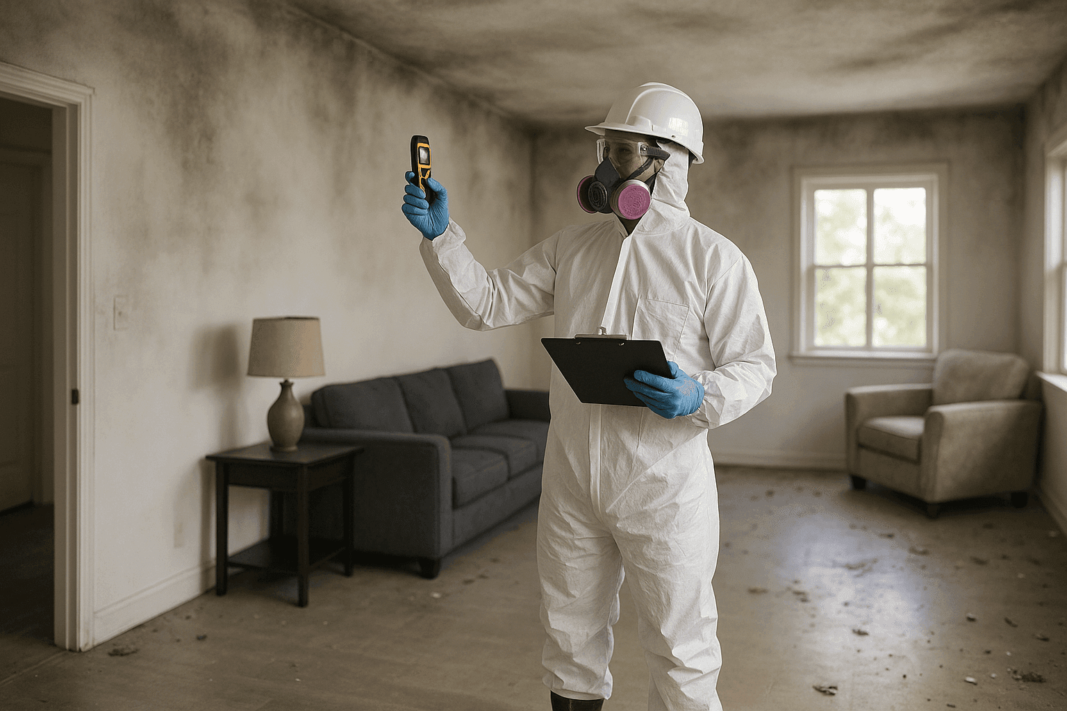 Technician assessing smoke damage in a residential living room