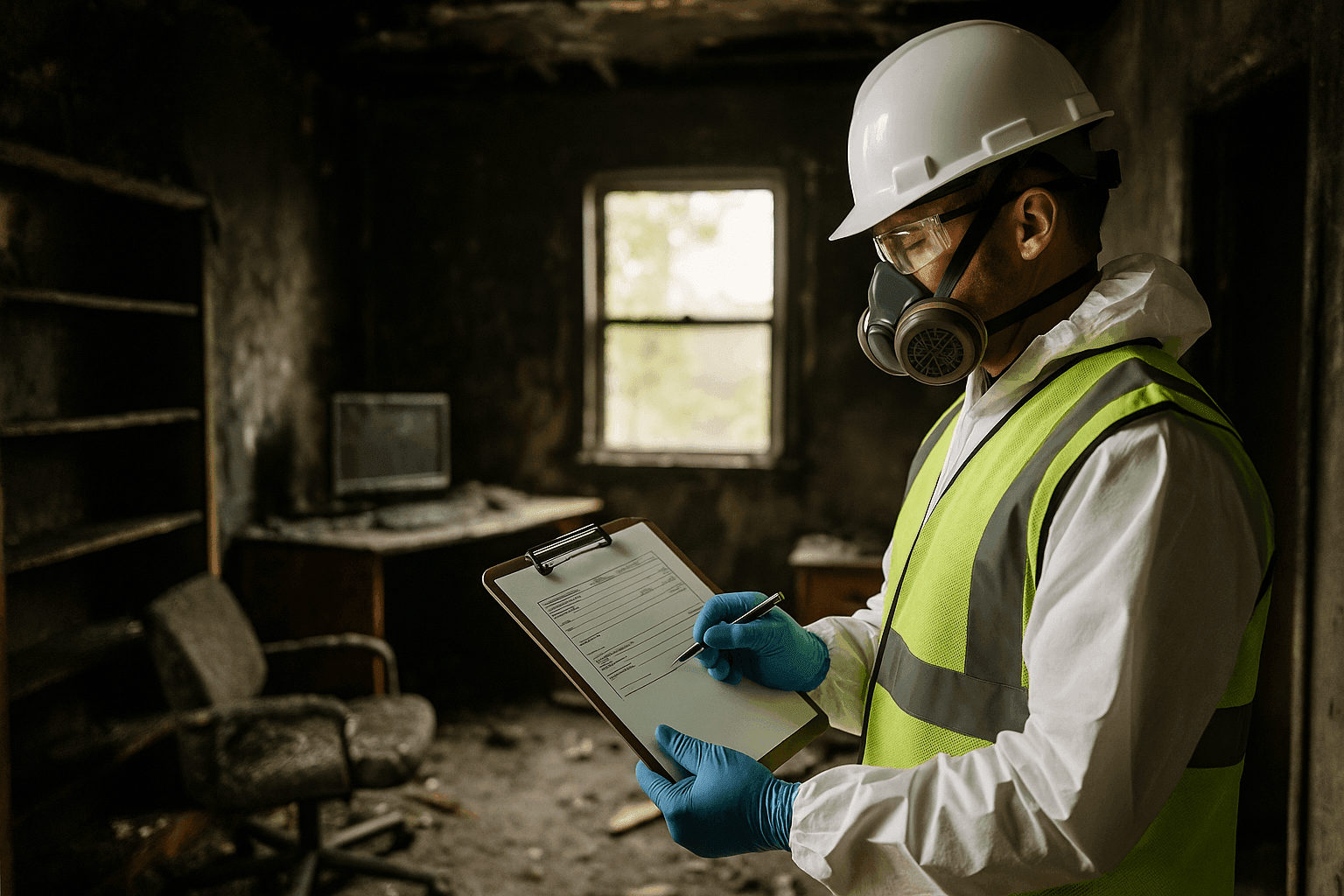 Restoration professional reviewing fire damage cost estimate in a home office